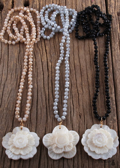 Boho Necklace, RH Crystal White Rose